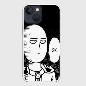 Чехол для iPhone 13 mini с принтом САЙТАМА НА ФОНЕ ИЕРОГЛИФОВ   SAITAMA OKEY ,  |  | one punch man | onepunchman | oppai | saitama | ван панч мен | ванпанчмен | макото миядзаки | сайтама | человек один удар