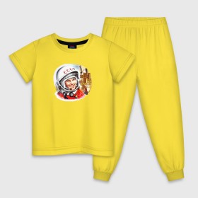 Детская пижама хлопок с принтом Гагарин № 1 , 100% хлопок |  брюки и футболка прямого кроя, без карманов, на брюках мягкая резинка на поясе и по низу штанин
 | Тематика изображения на принте: 12 апреля | alekseevich | firs | gagarin | yuri | автограф | алексеевич | апрель | астронавт | восток | гагарин | день | космонавт | космонавтики | космос | первый | поехали | россия | русский | советский | ссср | юрий