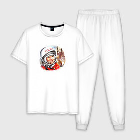 Мужская пижама хлопок с принтом Гагарин № 1 , 100% хлопок | брюки и футболка прямого кроя, без карманов, на брюках мягкая резинка на поясе и по низу штанин
 | Тематика изображения на принте: 12 апреля | alekseevich | firs | gagarin | yuri | автограф | алексеевич | апрель | астронавт | восток | гагарин | день | космонавт | космонавтики | космос | первый | поехали | россия | русский | советский | ссср | юрий