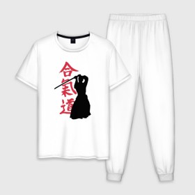 Мужская пижама хлопок с принтом Айкидо , 100% хлопок | брюки и футболка прямого кроя, без карманов, на брюках мягкая резинка на поясе и по низу штанин
 | aikido | аикидо | айкидо | восточные единоборства | единоборства | морихей уэсиба