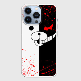 Чехол для iPhone 13 Pro с принтом monokuma мордочка и брызги ,  |  | Тематика изображения на принте: anime | bear | black  white | danganronpa | kurokuma | monodam | monokuma | monomi | monotaro | rabbit | school | shirokuma | аниме | главарь | мoноми | монокума | черно белый | школа