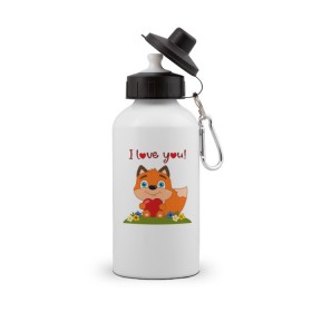 Бутылка спортивная с принтом влюбленная лисичка i love you! , металл | емкость — 500 мл, в комплекте две пластиковые крышки и карабин для крепления | 