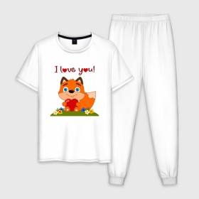 Мужская пижама хлопок с принтом влюбленная лисичка i love you! , 100% хлопок | брюки и футболка прямого кроя, без карманов, на брюках мягкая резинка на поясе и по низу штанин
 | 