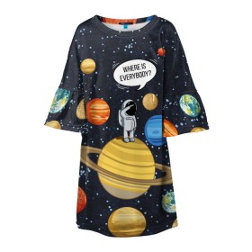 Детское платье 3D с принтом Where is Everybody? , 100% полиэстер | прямой силуэт, чуть расширенный к низу. Круглая горловина, на рукавах — воланы | Тематика изображения на принте: science | астронавт | астрономия | венера | земля | космонавт | космос | наука | научный | планеты | юпитер
