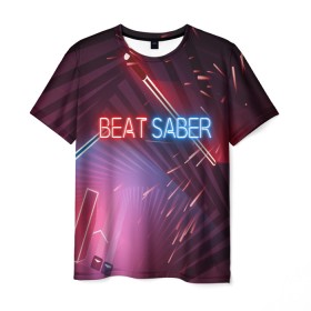 Мужская футболка 3D с принтом Beat Saber , 100% полиэфир | прямой крой, круглый вырез горловины, длина до линии бедер | Тематика изображения на принте: 3d | 3д | beat | saber | виртуальная | игра | реальность | ритм