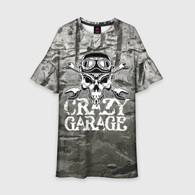 Детское платье 3D с принтом Crazy garage , 100% полиэстер | прямой силуэт, чуть расширенный к низу. Круглая горловина, на рукавах — воланы | Тематика изображения на принте: bones | garage | helmet | metal | orbits | skull | teeth | wrench | гаечный ключ | гараж | глазницы | зубы | металл | череп | шлем