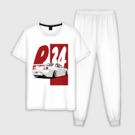 Мужская пижама хлопок с принтом Drift Cars Nissan Skyline R34 , 100% хлопок | брюки и футболка прямого кроя, без карманов, на брюках мягкая резинка на поясе и по низу штанин
 | дрифт | пушка | тюнинг | уличная гонка | японский автомобиль