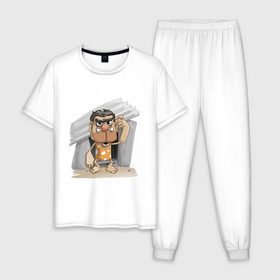Мужская пижама хлопок с принтом Древний человек , 100% хлопок | брюки и футболка прямого кроя, без карманов, на брюках мягкая резинка на поясе и по низу штанин
 | 