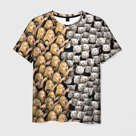 Мужская футболка 3D с принтом Девушки орут на котиков , 100% полиэфир | прямой крой, круглый вырез горловины, длина до линии бедер | cat | meme | девушка | женщина | истерика | кот | котик | котики | коты | кошка | крик | кричит | мем | паттерн