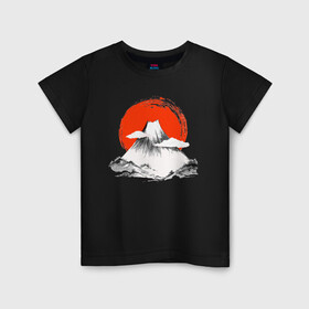 Детская футболка хлопок с принтом Гора Фудзияма , 100% хлопок | круглый вырез горловины, полуприлегающий силуэт, длина до линии бедер | japan | japanese | акварель | восходящие солнце | гора | закат | искуство | красками | краски | красное | на груди | облака | облако | пейзаж | склон | солнце | солнышко | спереди | туристическая | фудзияма
