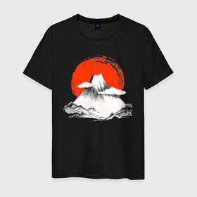 Мужская футболка хлопок с принтом Гора Фудзияма , 100% хлопок | прямой крой, круглый вырез горловины, длина до линии бедер, слегка спущенное плечо. | Тематика изображения на принте: japan | japanese | акварель | восходящие солнце | гора | закат | искуство | красками | краски | красное | на груди | облака | облако | пейзаж | склон | солнце | солнышко | спереди | туристическая | фудзияма