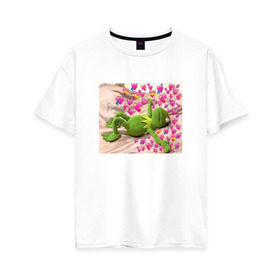 Женская футболка хлопок Oversize с принтом Кермит и сердечки , 100% хлопок | свободный крой, круглый ворот, спущенный рукав, длина до линии бедер
 | интернет мем | кермит | любовь | мем | персонаж | прикол | сердечки | сердца | улица сезам
