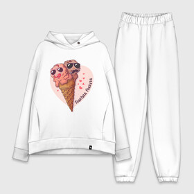 Женский костюм хлопок Oversize с принтом Вместе навсегда ,  |  | art | heart | horn | ice cream | арт | любовь | мороженое | очки | рожок | сердечки | сердце