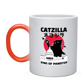 Кружка хамелеон с принтом Catzilla King of Pawster , керамика | меняет цвет при нагревании, емкость 330 мл | Тематика изображения на принте: cat | catzilla | kitty | paw | pawster | годзилла | кот | котики | коты | кошки | пародия
