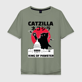 Мужская футболка хлопок Oversize с принтом Catzilla King of Pawster , 100% хлопок | свободный крой, круглый ворот, “спинка” длиннее передней части | cat | catzilla | kitty | paw | pawster | годзилла | кот | котики | коты | кошки | пародия