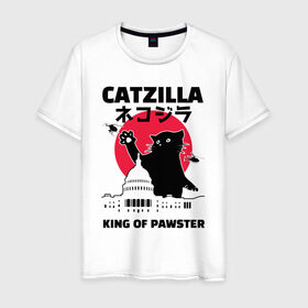 Мужская футболка хлопок с принтом Catzilla King of Pawster , 100% хлопок | прямой крой, круглый вырез горловины, длина до линии бедер, слегка спущенное плечо. | Тематика изображения на принте: cat | catzilla | kitty | paw | pawster | годзилла | кот | котики | коты | кошки | пародия
