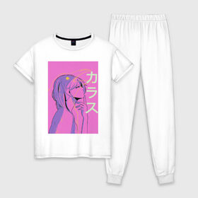 Женская пижама хлопок с принтом Vaporwave anime art , 100% хлопок | брюки и футболка прямого кроя, без карманов, на брюках мягкая резинка на поясе и по низу штанин | 