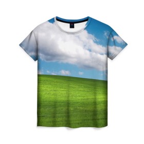 Женская футболка 3D с принтом Заставка Windows , 100% полиэфир ( синтетическое хлопкоподобное полотно) | прямой крой, круглый вырез горловины, длина до линии бедер | windows | винда | заставка | заставка windows | заставка виндовс | луг | поле