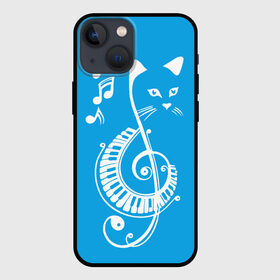 Чехол для iPhone 13 mini с принтом Котик Меломан голубой ,  |  | blue | cat | music | musical | white | белый | день | игроман | кот | котик | котиков | котиком | котов | кошек | кошка | меломан | музыка | музыкальный | ноты | с белым | с котом | с нотами | студент | студента | фон