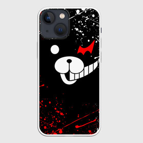 Чехол для iPhone 13 mini с принтом MONOKUMA краснобелые брызги ,  |  | Тематика изображения на принте: anime | bear | black  white | danganronpa | kurokuma | monodam | monokuma | monomi | monotaro | rabbit | school | shirokuma | аниме | главарь | мoноми | монокума | черно белый | школа