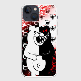 Чехол для iPhone 13 mini с принтом Монокума на паттерне ,  |  | anime | bear | black  white | danganronpa | kurokuma | monodam | monokuma | monomi | monotaro | pink | rabbit | school | shirokuma | аниме | главарь | мoноми | монокума | черно белый | школа