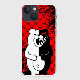 Чехол для iPhone 13 mini с принтом Монокума на красном паттерне ,  |  | anime | bear | black  white | danganronpa | kurokuma | monodam | monokuma | monomi | monotaro | pink | rabbit | school | shirokuma | аниме | главарь | мoноми | монокума | черно белый | школа