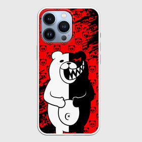 Чехол для iPhone 13 Pro с принтом Монокума на красном паттерне ,  |  | anime | bear | black  white | danganronpa | kurokuma | monodam | monokuma | monomi | monotaro | pink | rabbit | school | shirokuma | аниме | главарь | мoноми | монокума | черно белый | школа