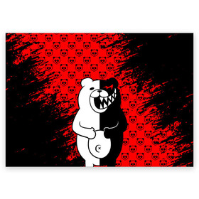 Поздравительная открытка с принтом MONOKUMA. , 100% бумага | плотность бумаги 280 г/м2, матовая, на обратной стороне линовка и место для марки
 | anime | bear | black  white | danganronpa | kurokuma | monodam | monokuma | monomi | monotaro | pink | rabbit | school | shirokuma | аниме | главарь | мoноми | монокума | черно белый | школа