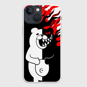 Чехол для iPhone 13 mini с принтом Монокума красные языки пламени ,  |  | anime | bear | black  white | danganronpa | kurokuma | monodam | monokuma | monomi | monotaro | pink | rabbit | school | shirokuma | аниме | главарь | мoноми | монокума | черно белый | школа