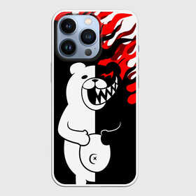 Чехол для iPhone 13 Pro с принтом Монокума красные языки пламени ,  |  | anime | bear | black  white | danganronpa | kurokuma | monodam | monokuma | monomi | monotaro | pink | rabbit | school | shirokuma | аниме | главарь | мoноми | монокума | черно белый | школа