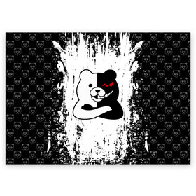 Поздравительная открытка с принтом MONOKUMA. , 100% бумага | плотность бумаги 280 г/м2, матовая, на обратной стороне линовка и место для марки
 | Тематика изображения на принте: anime | bear | black  white | danganronpa | kurokuma | monodam | monokuma | monomi | monotaro | pink | rabbit | school | shirokuma | аниме | главарь | мoноми | монокума | черно белый | школа