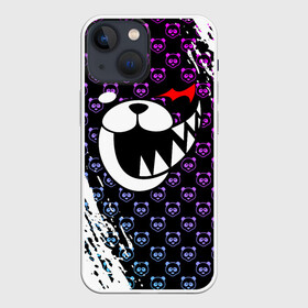 Чехол для iPhone 13 mini с принтом Монокума на фиолетовом паттерне ,  |  | anime | bear | black  white | danganronpa | kurokuma | monodam | monokuma | monomi | monotaro | pink | rabbit | school | shirokuma | аниме | главарь | мoноми | монокума | черно белый | школа