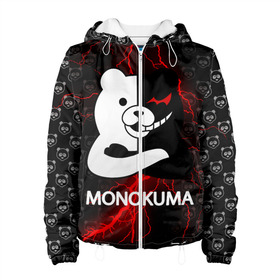 Женская куртка 3D с принтом MONOKUMA. , ткань верха — 100% полиэстер, подклад — флис | прямой крой, подол и капюшон оформлены резинкой с фиксаторами, два кармана без застежек по бокам, один большой потайной карман на груди. Карман на груди застегивается на липучку | anime | bear | black  white | danganronpa | kurokuma | monodam | monokuma | monomi | monotaro | pink | rabbit | school | shirokuma | аниме | главарь | мoноми | монокума | черно белый | школа