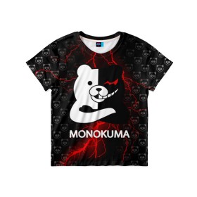 Детская футболка 3D с принтом MONOKUMA. , 100% гипоаллергенный полиэфир | прямой крой, круглый вырез горловины, длина до линии бедер, чуть спущенное плечо, ткань немного тянется | anime | bear | black  white | danganronpa | kurokuma | monodam | monokuma | monomi | monotaro | pink | rabbit | school | shirokuma | аниме | главарь | мoноми | монокума | черно белый | школа