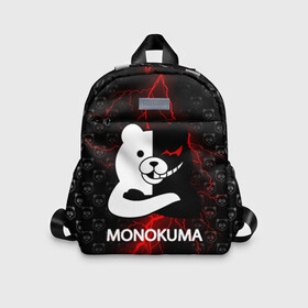 Детский рюкзак 3D с принтом Монокума с красной молнией , 100% полиэстер | лямки с регулируемой длиной, сверху петелька, чтобы рюкзак можно было повесить на вешалку. Основное отделение закрывается на молнию, как и внешний карман. Внутри дополнительный карман. По бокам два дополнительных кармашка | anime | bear | black  white | danganronpa | kurokuma | monodam | monokuma | monomi | monotaro | pink | rabbit | school | shirokuma | аниме | главарь | мoноми | монокума | черно белый | школа