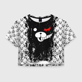 Женская футболка Crop-top 3D с принтом MONOKUMA. , 100% полиэстер | круглая горловина, длина футболки до линии талии, рукава с отворотами | anime | bear | black  white | danganronpa | kurokuma | monodam | monokuma | monomi | monotaro | pink | rabbit | school | shirokuma | аниме | главарь | мoноми | монокума | черно белый | школа