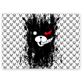 Поздравительная открытка с принтом MONOKUMA. , 100% бумага | плотность бумаги 280 г/м2, матовая, на обратной стороне линовка и место для марки
 | Тематика изображения на принте: anime | bear | black  white | danganronpa | kurokuma | monodam | monokuma | monomi | monotaro | pink | rabbit | school | shirokuma | аниме | главарь | мoноми | монокума | черно белый | школа