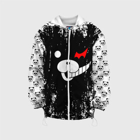 Детская куртка 3D с принтом MONOKUMA. , 100% полиэстер | застежка — молния, подол и капюшон оформлены резинкой с фиксаторами, по бокам — два кармана без застежек, один потайной карман на груди, плотность верхнего слоя — 90 г/м2; плотность флисового подклада — 260 г/м2 | Тематика изображения на принте: anime | bear | black  white | danganronpa | kurokuma | monodam | monokuma | monomi | monotaro | pink | rabbit | school | shirokuma | аниме | главарь | мoноми | монокума | черно белый | школа