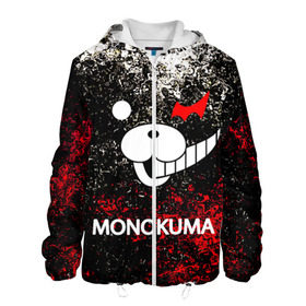 Мужская куртка 3D с принтом MONOKUMA. , ткань верха — 100% полиэстер, подклад — флис | прямой крой, подол и капюшон оформлены резинкой с фиксаторами, два кармана без застежек по бокам, один большой потайной карман на груди. Карман на груди застегивается на липучку | anime | bear | black  white | danganronpa | kurokuma | monodam | monokuma | monomi | monotaro | pink | rabbit | school | shirokuma | аниме | главарь | мoноми | монокума | черно белый | школа