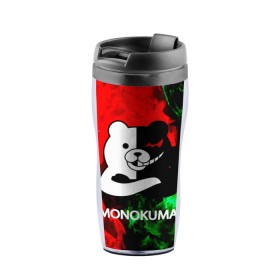 Термокружка-непроливайка с принтом MONOKUMA. , внутренняя часть — пищевой пластик, наружная часть — прозрачный пластик, между ними — полиграфическая вставка с рисунком | объем — 350 мл, герметичная крышка | Тематика изображения на принте: anime | bear | black  white | danganronpa | kurokuma | monodam | monokuma | monomi | monotaro | pink | rabbit | school | shirokuma | аниме | главарь | мoноми | монокума | черно белый | школа