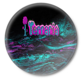 Значок с принтом Terraria ,  металл | круглая форма, металлическая застежка в виде булавки | terraria | terraria logo | terraria modded | террария | террария надпись