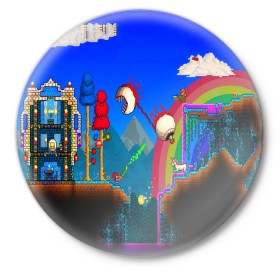 Значок с принтом TERRARIA GAME ,  металл | круглая форма, металлическая застежка в виде булавки | game | pixel | terraria | игра | пиксель | террариа