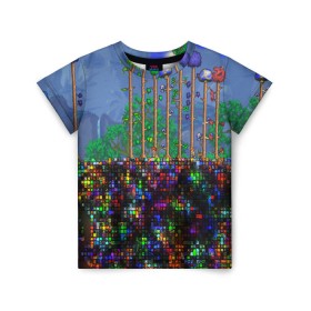 Детская футболка 3D с принтом TERRARIA , 100% гипоаллергенный полиэфир | прямой крой, круглый вырез горловины, длина до линии бедер, чуть спущенное плечо, ткань немного тянется | game | pixel | terraria | игра | пиксель | террариа