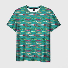 Мужская футболка 3D с принтом рыбацкие блесна , 100% полиэфир | прямой крой, круглый вырез горловины, длина до линии бедер | fish | fishing | texture | абстракция | блестна | наживка | прикорм | рыба | рыбак | рыбалка | рыболов | текстура