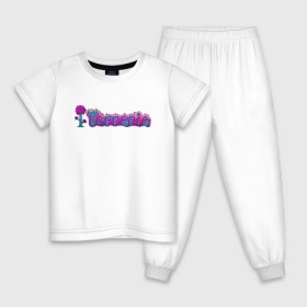 Детская пижама хлопок с принтом Terraria , 100% хлопок |  брюки и футболка прямого кроя, без карманов, на брюках мягкая резинка на поясе и по низу штанин
 | game | logo | teraria | terraria | игра | инди игра | логотип | надпись | терария | террария