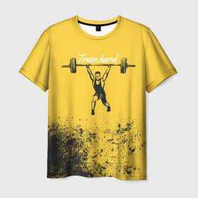 Мужская футболка 3D с принтом Train hard , 100% полиэфир | прямой крой, круглый вырез горловины, длина до линии бедер | lifting | wheight lifting | wheightlifting | тяжелая атлетика | штанга | штангист