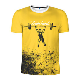 Мужская футболка 3D спортивная с принтом Train hard , 100% полиэстер с улучшенными характеристиками | приталенный силуэт, круглая горловина, широкие плечи, сужается к линии бедра | lifting | wheight lifting | wheightlifting | тяжелая атлетика | штанга | штангист