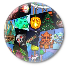 Значок с принтом Terraria allpic ,  металл | круглая форма, металлическая застежка в виде булавки | game | pixel | terraria | игра | пиксель | террариа