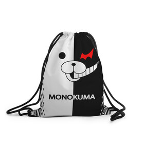 Рюкзак-мешок 3D с принтом MONOKUMA. , 100% полиэстер | плотность ткани — 200 г/м2, размер — 35 х 45 см; лямки — толстые шнурки, застежка на шнуровке, без карманов и подкладки | Тематика изображения на принте: anime | bear | black  white | danganronpa | kurokuma | monodam | monokuma | monomi | monotaro | pink | rabbit | school | shirokuma | аниме | главарь | мoноми | монокума | черно белый | школа