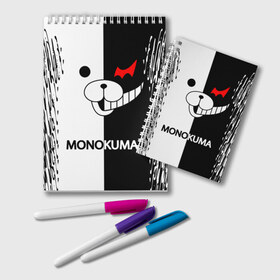 Блокнот с принтом MONOKUMA , 100% бумага | 48 листов, плотность листов — 60 г/м2, плотность картонной обложки — 250 г/м2. Листы скреплены удобной пружинной спиралью. Цвет линий — светло-серый
 | Тематика изображения на принте: anime | bear | black  white | danganronpa | kurokuma | monodam | monokuma | monomi | monotaro | pink | rabbit | school | shirokuma | аниме | главарь | мoноми | монокума | черно белый | школа